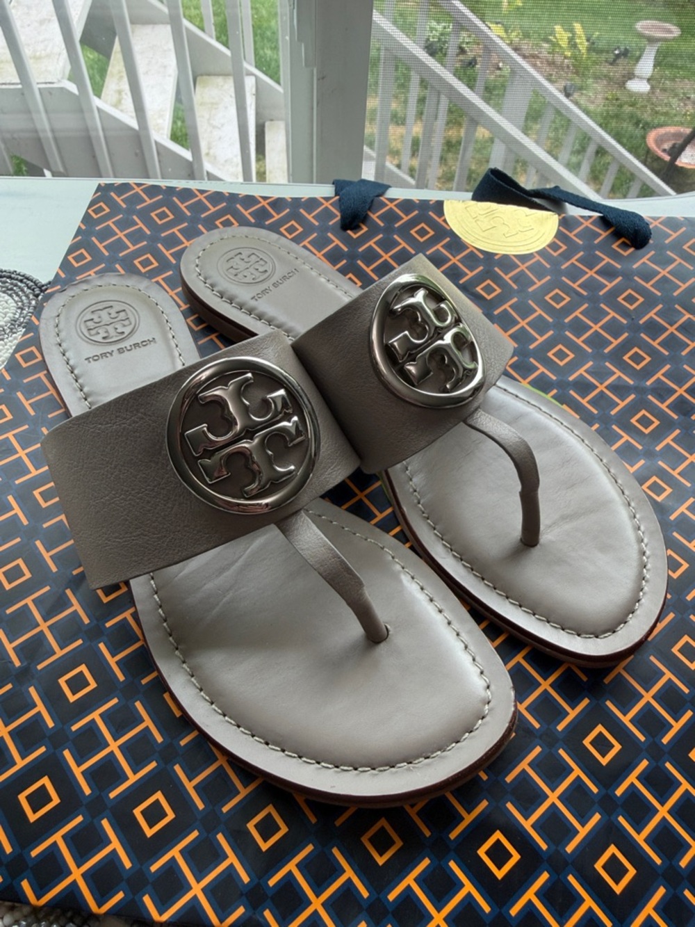 Tory Burch Benton Band Flat Sandals in Gray Heron with silver hardware